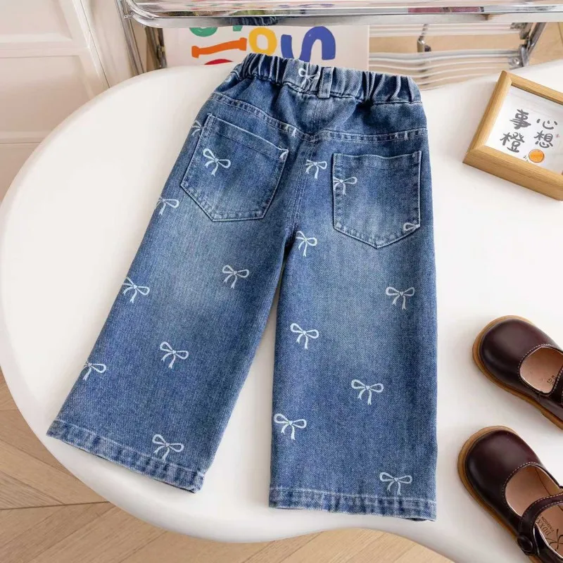 Children's Jeans New Clothes Girls Bow Print Pant 2025 Korean Version Fashion Pants Kids Loose Straight-leg Jeans for 1-6year