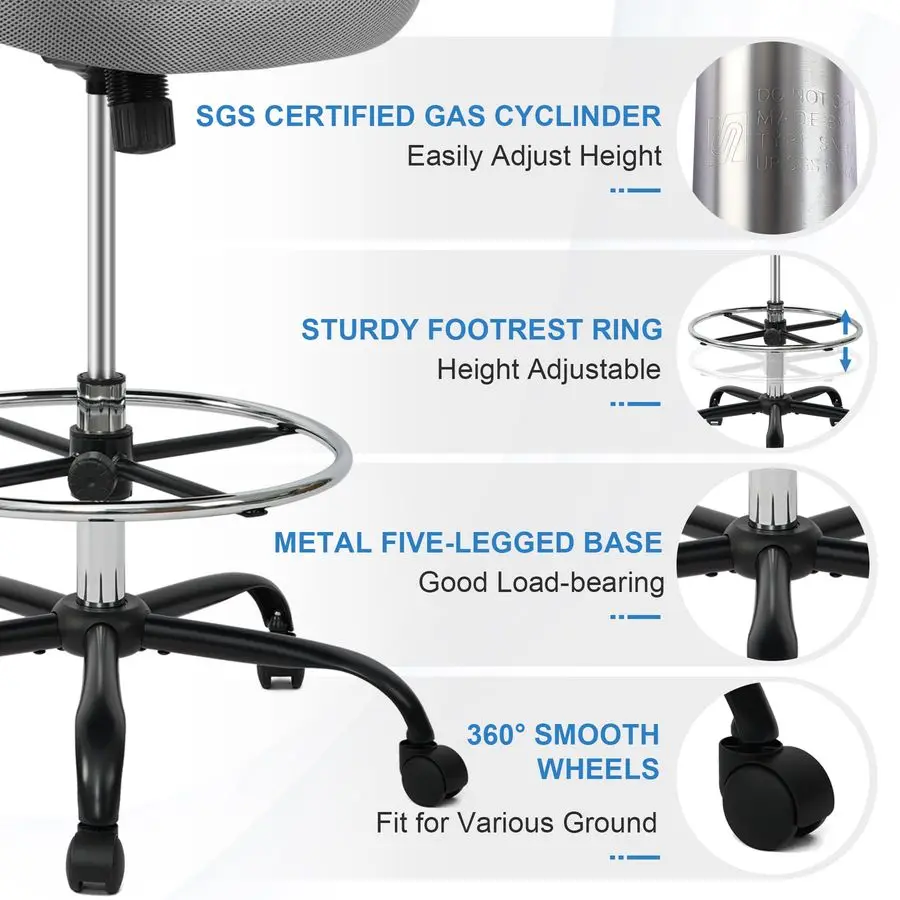 Sedia da disegno alta Sedia da scrivania in piedi con braccioli ribaltabili, sedia da ufficio ergonomica ad altezza regolabile con anello poggiapiedi alto S