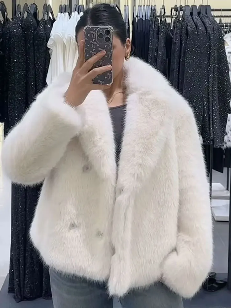 HH Female Elegant Solid 3-Color Faux Fur Effect Long Sleeve Cardigan Coat Winter Women's High Street Pockets Coat Mujer