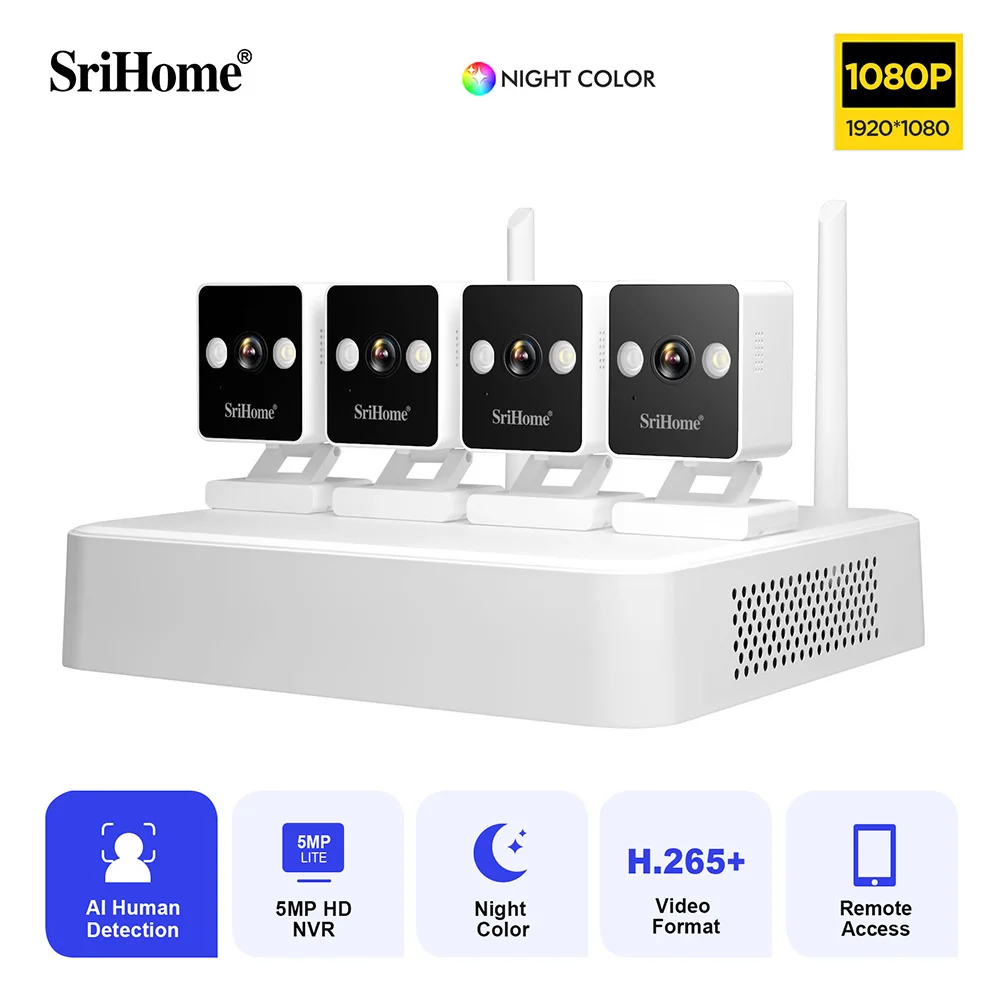 Srihome NVS011-IPC057  2MP 1080P 4CH NVR Kit Wireless IP Camera Full Color AI Humanoid Detection Home Security CCTV Monitor