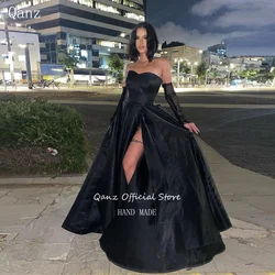 Qanz Elegant Black Long A Line Evening Dresses Strapless High Slit Satin Party Dresses Women Robe De Soiree Femmes Customized