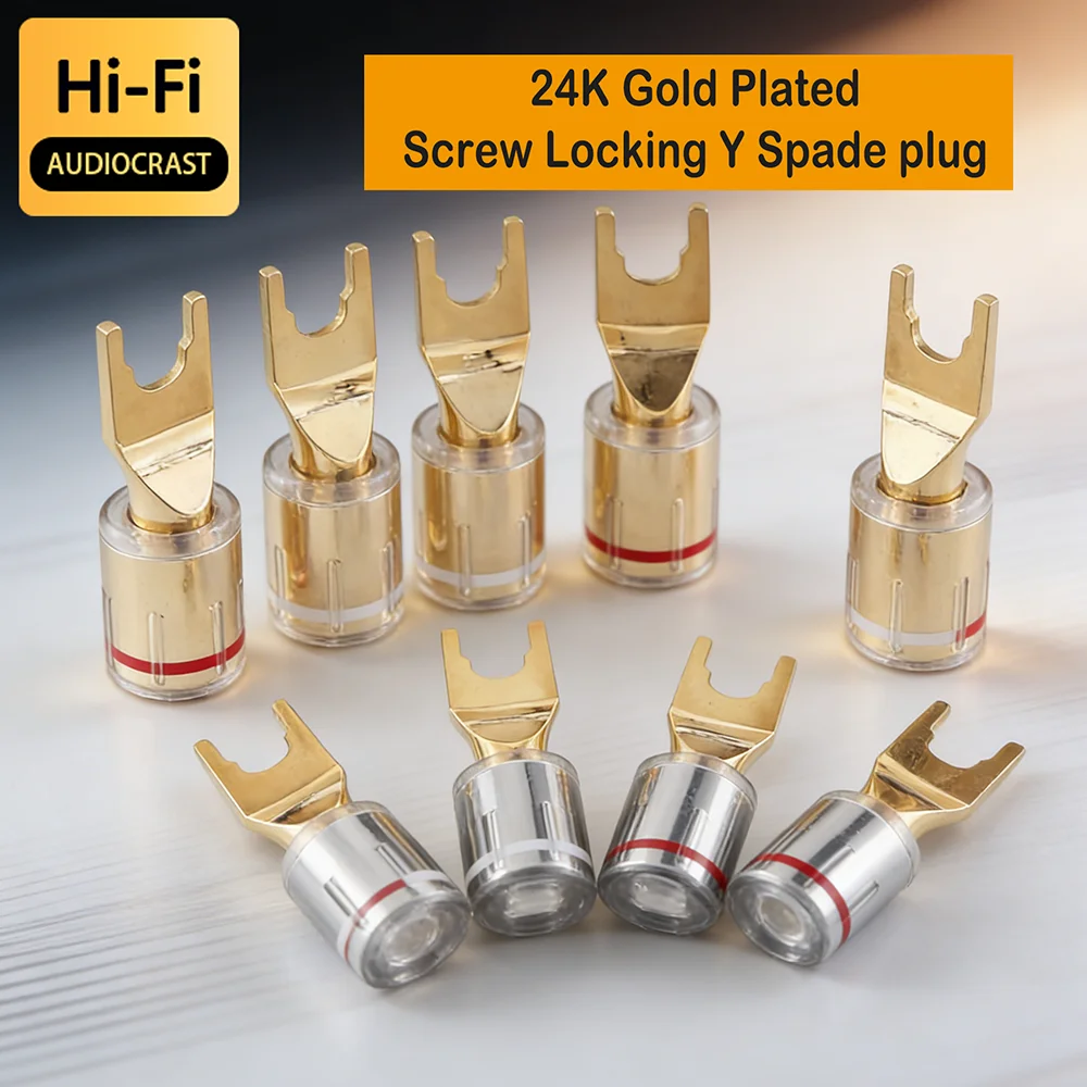Audiocrast Premium Gold Plated Spade Plug Screw Lock Banana Connector for HIFI Speaker Cable