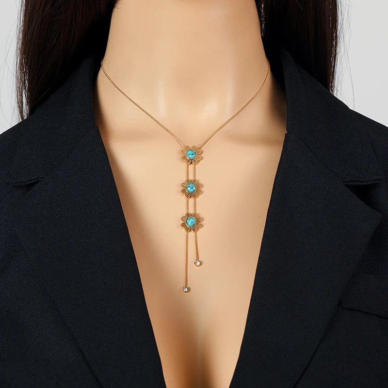 GANEMLY 316L Stainless Steel Creative Flower Necklace Earrings Set For Women Girl Fashion Long Pendant Jewelry Set Lady Gift
