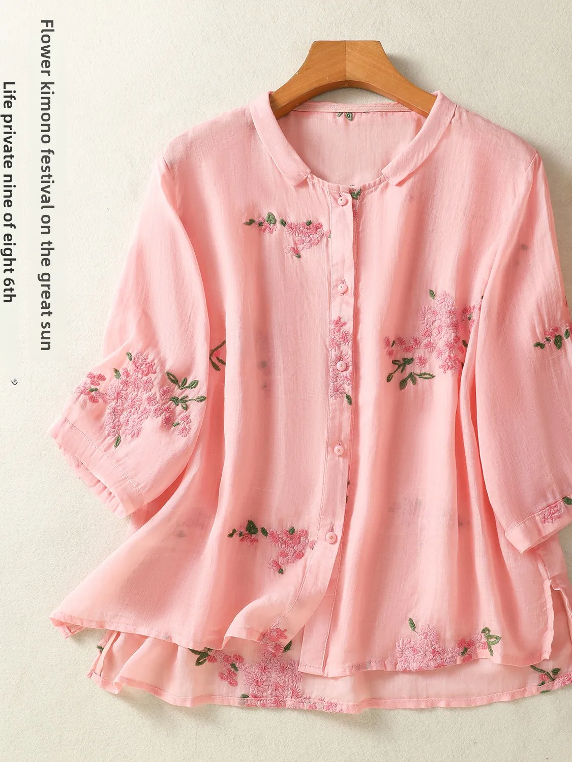 Ele feminino bordado linho irt t-quarto sve gola primavera verão novo sle floral impressão solta ajuste topo