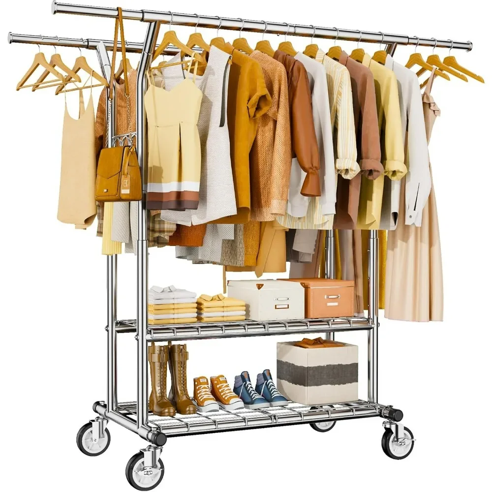 Rolling clothes rack with shelf, load 620 pounds, double pole clothes rack for hanging clothes, portable and adjustable