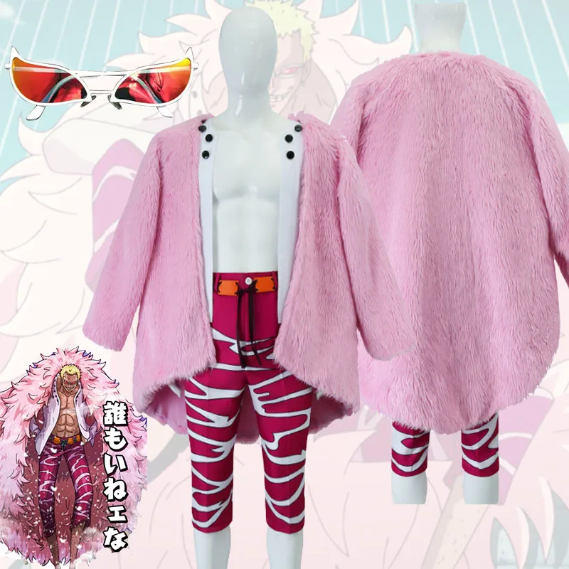 Doflamingo Cosplay Costume Sunglasses Tops Pants Coat Fantasia Men Male Pink Pants Belt Eyeglass Halloween Carnival Suit