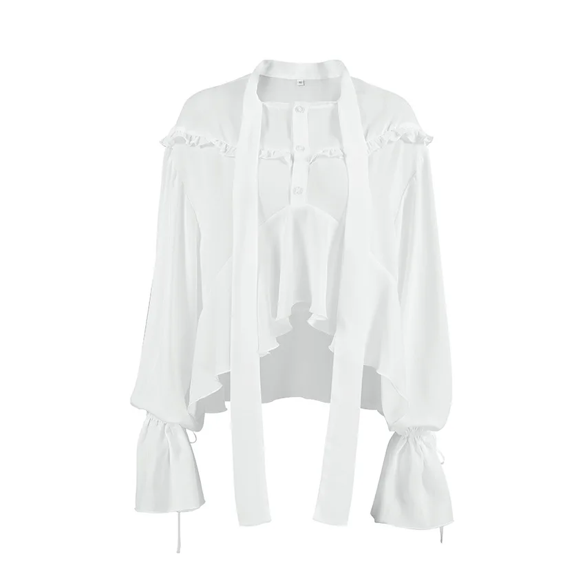 

Fashionable Chiffon Style Stand Up Collar, Off Shoulder Sleeves, Exposed Navel, Lace Up Women's Casual Shirt