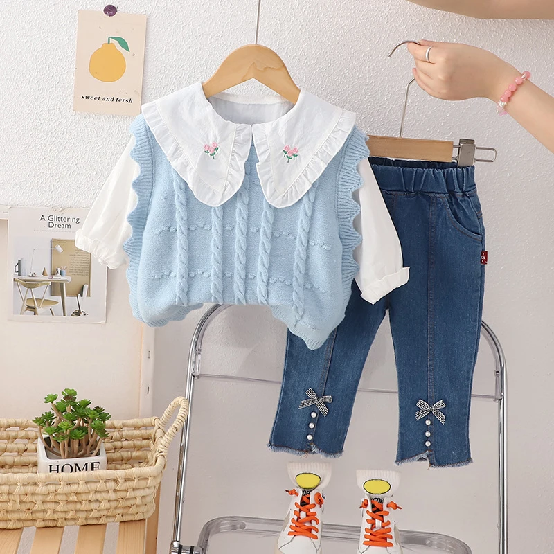 Autumn Baby Girls Knitted Vest Floral Lace Shirt Jeans Children Clothing Sets Kids Tracksuit Infant Princess Clothes Outfits