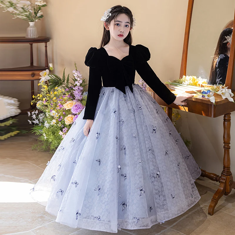 Girls dress velvet long sleeve floor-length birthday dinner princess dress bridesmaid dress three-dimensional butterfly