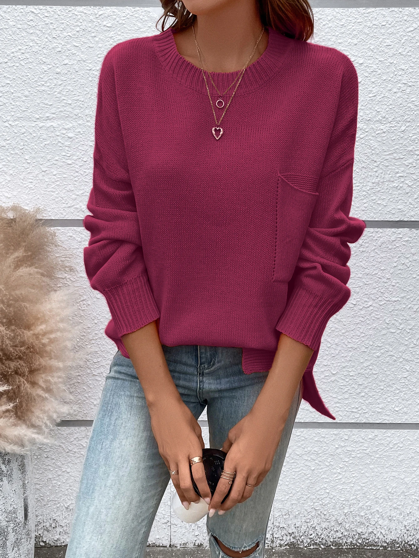 Round neck long sleeve solid color sweater loose lazy style high neck solid color loose pullover woman