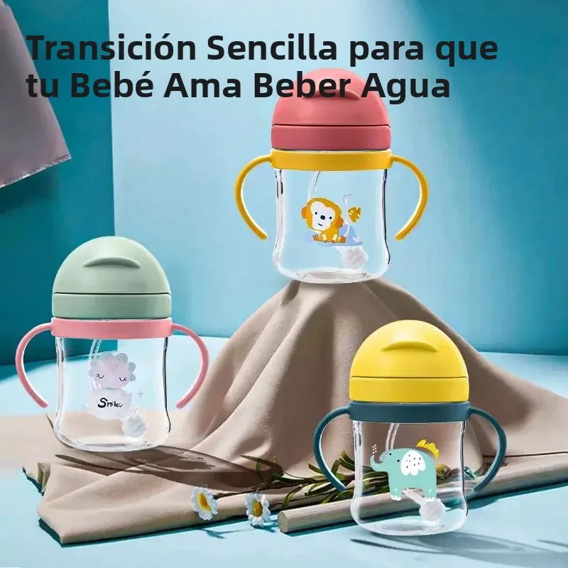 Vasos de agua para bebé de 250ML, taza para aprender a beber con tapa abatible de doble asa, botella de agua para bebés a prueba de fugas