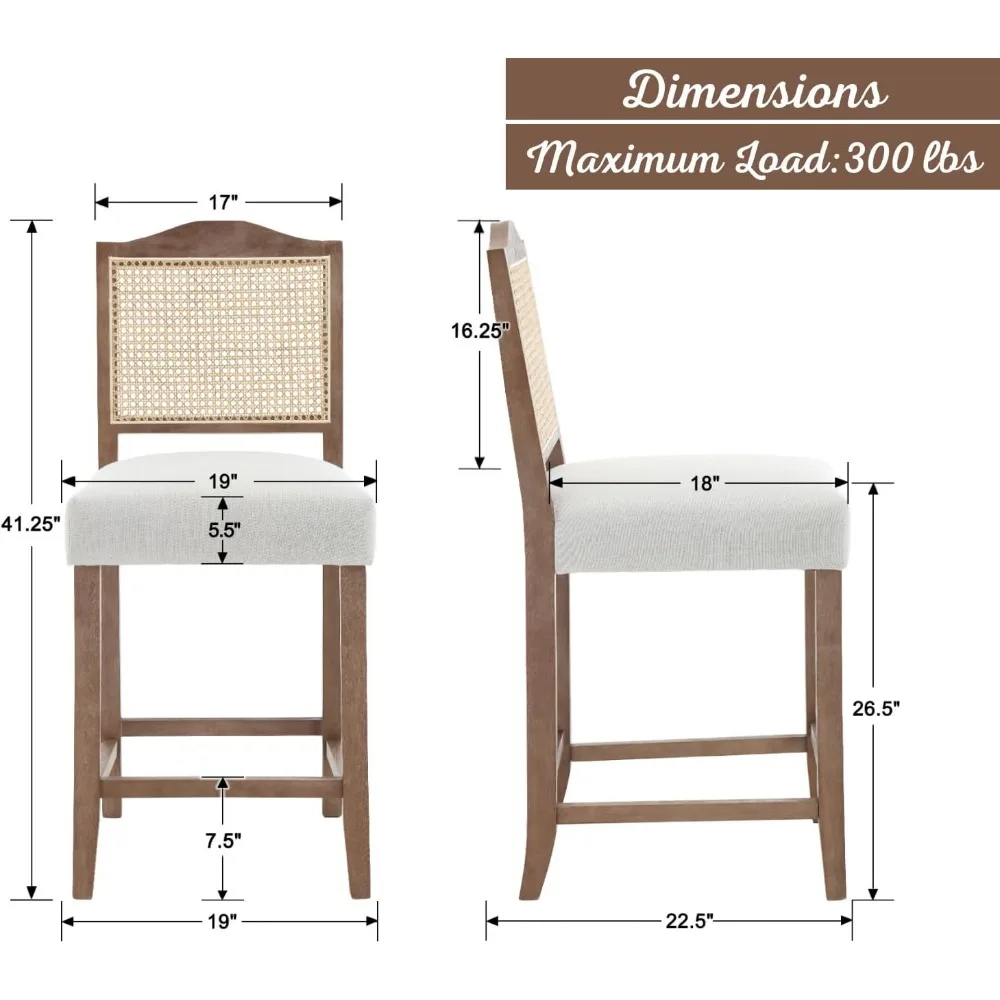 Rattan Counter Height Bar Stools Set of 4 Mid Barstools with Back Wooden High Bar Chairs Upholstered Breakfast Farmhouse