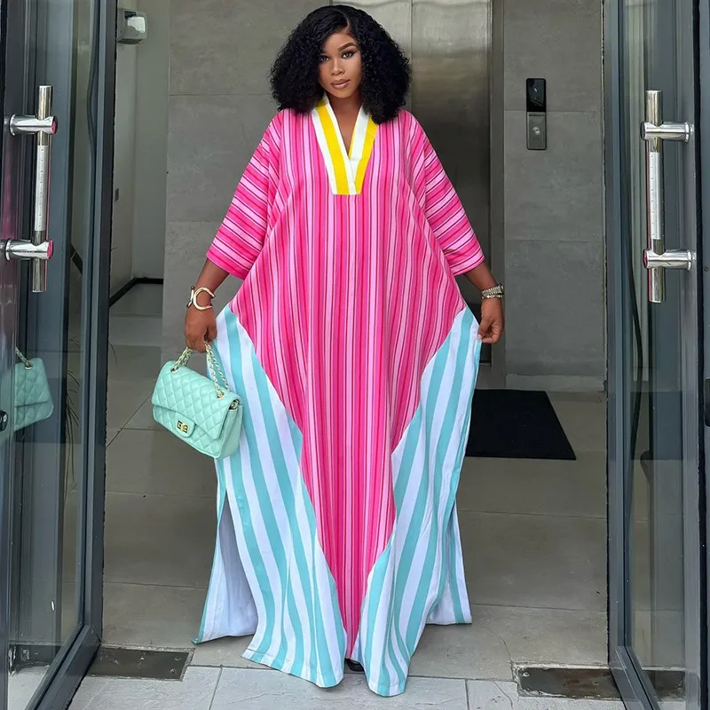 Women's Dress V Neck Striped Dresses 3/4 Sleeve Casual Maxi Dress Oversized Pink And Mint Shirt Dress Side Slit Long Flowing