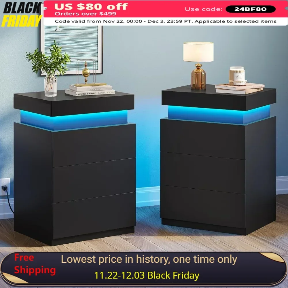 

Nightstand Set of 2 with Charging Station and Sliding Top Bedside Table with Power Outlets & Drawers LED Nightstands