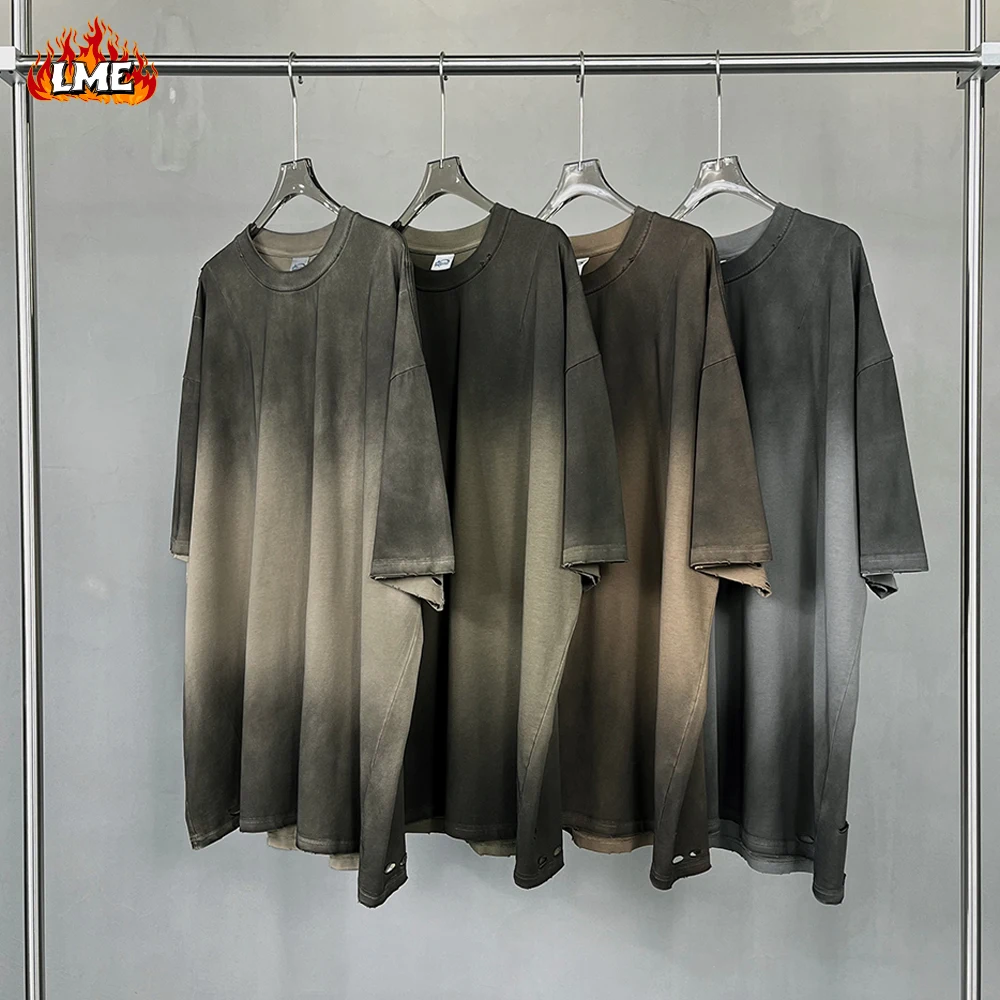 LME Summer Spray Dyeing Vintage Short sleeved T-shirt for Men Acid Washed Piercing American Trendy Brand Short Sleeve T Shirt