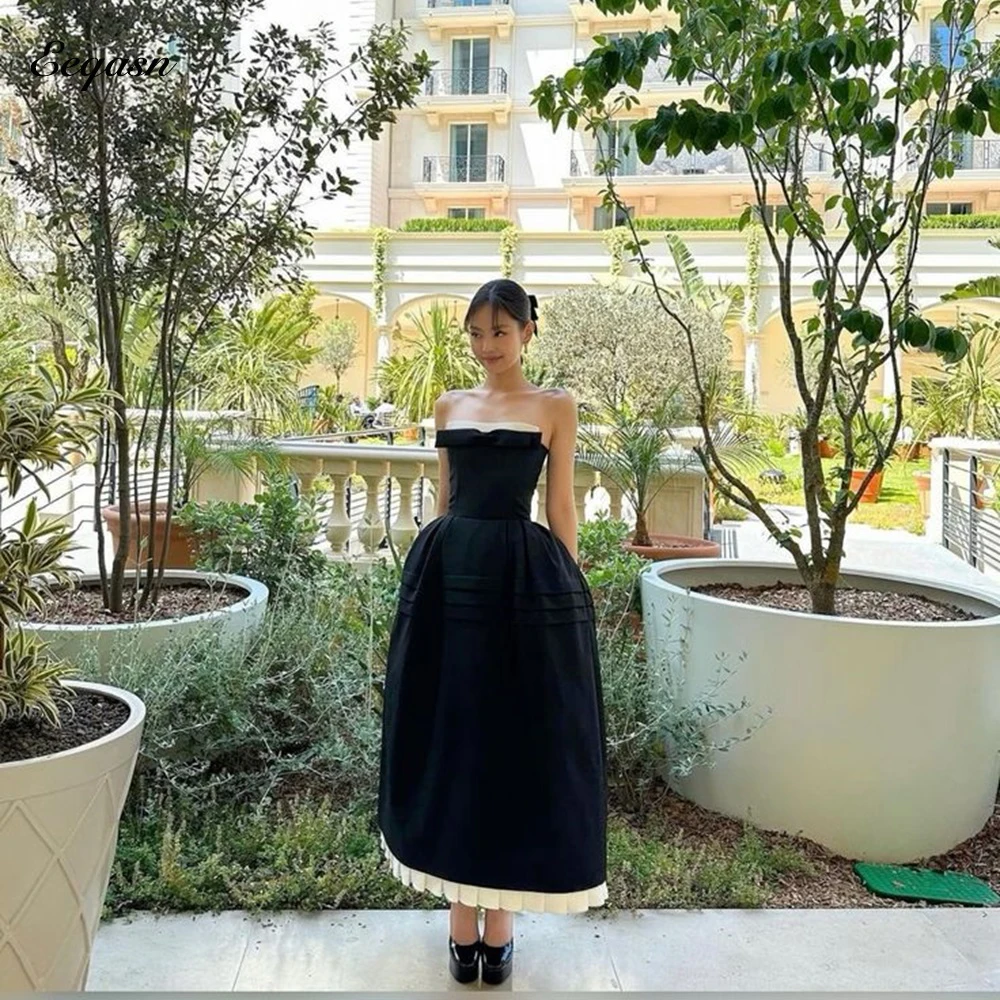 Elegant Black And White Wed Party Dress Ankle Length Satin Pleat Formal Evening Event Dresses for Formal Occasion Customized