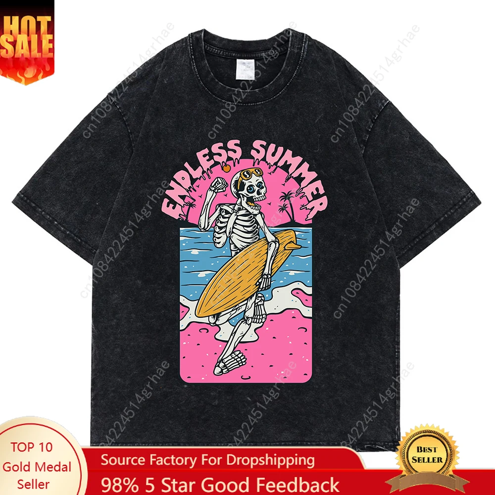 

Hot Summer Skeleton Surfing Outfit Vintage Printed Men's Premium T-shirt, Summer Cotton T-shirt, Hip-hop Street Loose Top