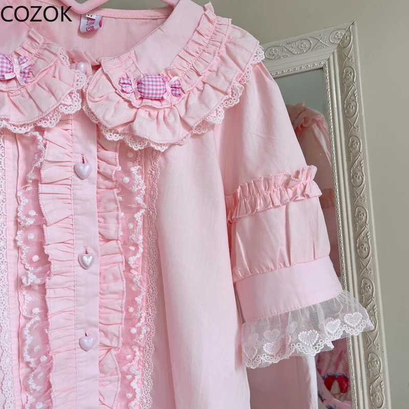 Japanese Mori Girl Lolita Blouse Sweet Peter Pan Collar Pink Candy Kawaii Princess JK Shirt Women Cute Ruffles Lace Blusas Mujer