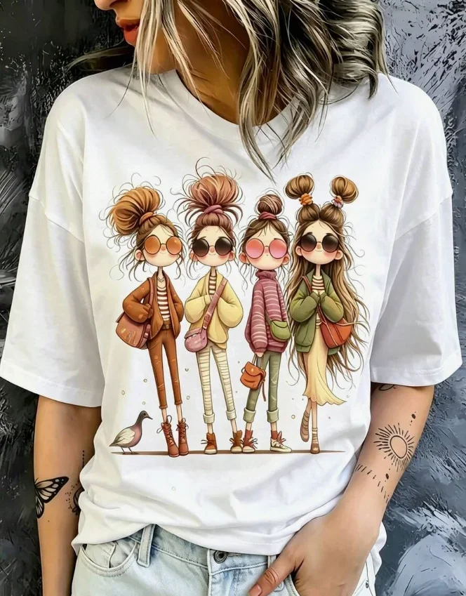 2026 Fashion New Arrival Women Crew Neck Short Sleeve T-Shirt, Four Girls Cartoon Print White Cotton Tee Regular Fit Casual Daily Basic Top T-Shirt