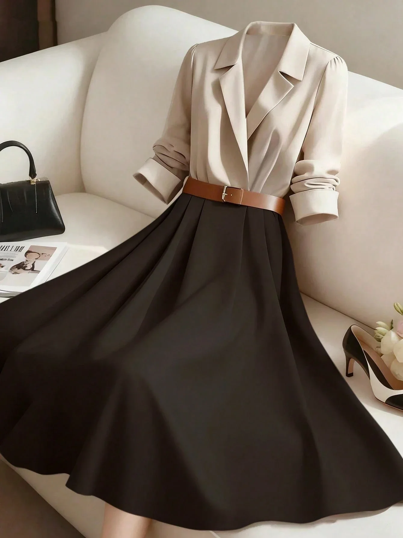 

Elegant A-Line Shirt Dress With Belt Long Sleeve Office Lady Casual Vintage