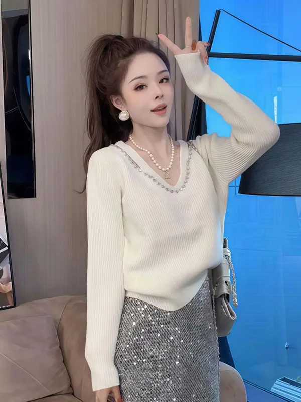 

Long Sve V-Ne вязаный свитер, женский зимний модный дизайн, теплый топ с жемчугом, повседневная одежда