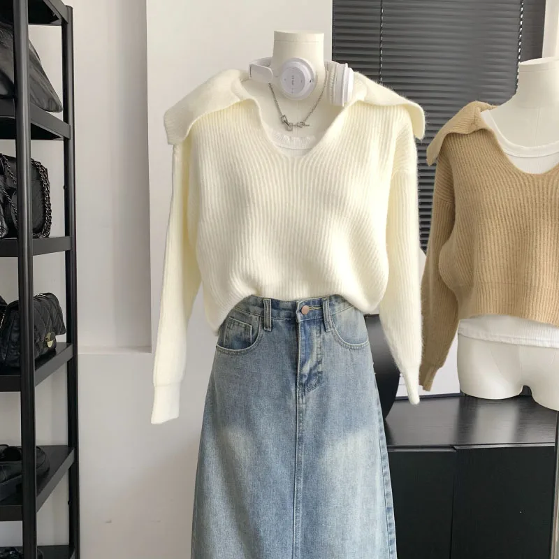 Solid Color Loose Basic Short Sweater Women Autumn Casual And Comfortable Lapel Korean Fashion Women's Knit Sweater