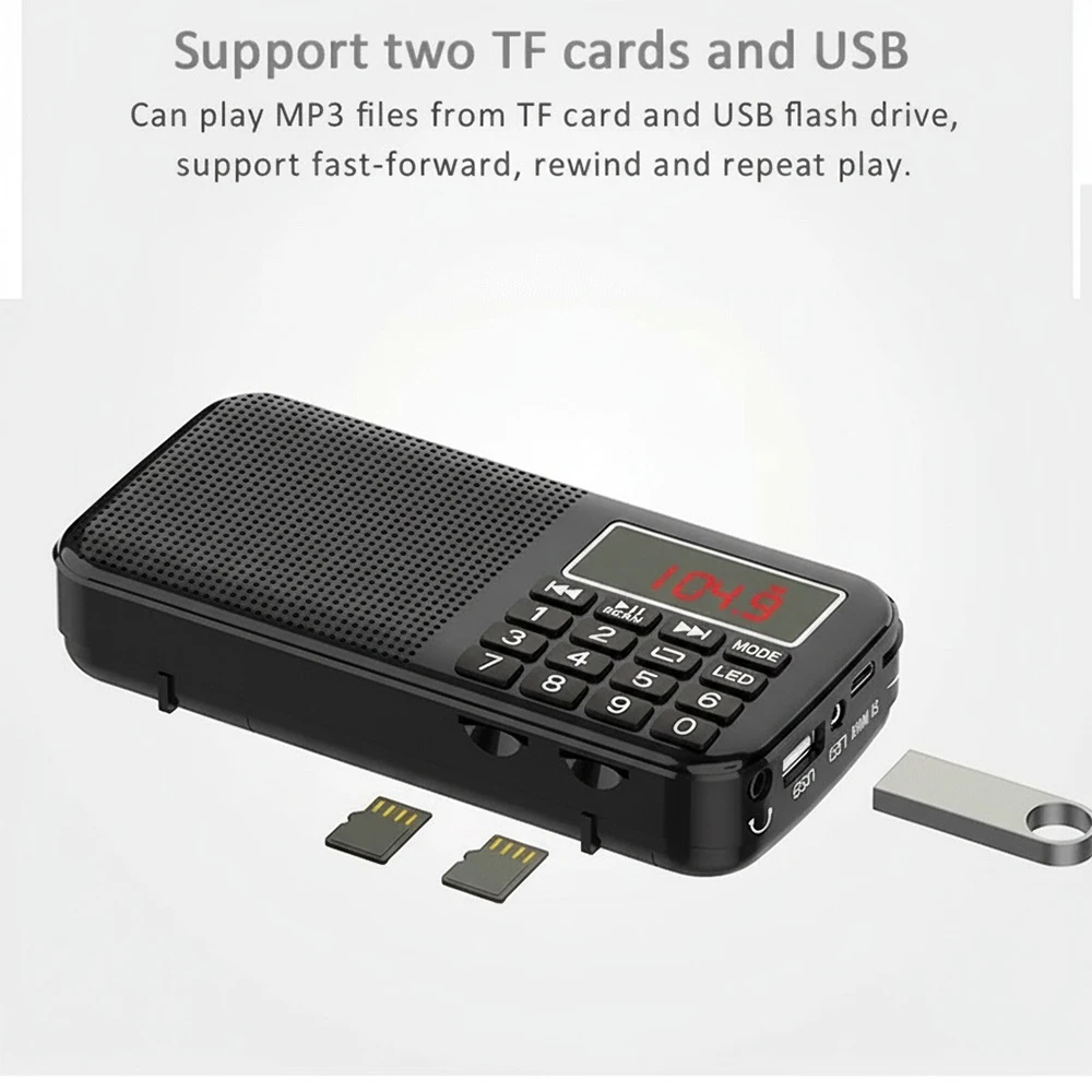 أجهزة راديو FM محمولة أجهزة الراديو الرقمية Mp3 شاشة Led راديو قابل لإعادة الشحن Usb Sd Tf Aux Player فتحتين مكبر صوت متعدد الوظائف