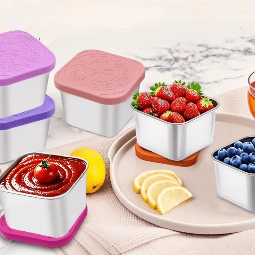 

6pcs Jam Cup 304 Stainless Steel Salad Dressing Cup Leak-proof 60/180ml Sauce Cup Square with Silicone Lid Snack Box Office