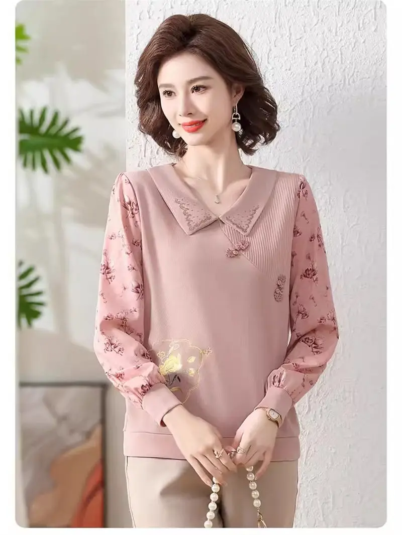 

Young Mom Spring And Autumn Knitted Print Top 2024 New Middle Old Women Spring Fashion Versatile Small Shirt Blouse K038