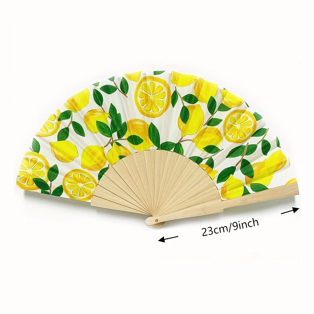 Ladies Folding Hand Fan with Fruit Print Lemon & Stripe, Wooden Fan, Perfect Accessory for Wedding Party Festival & Gift view 4