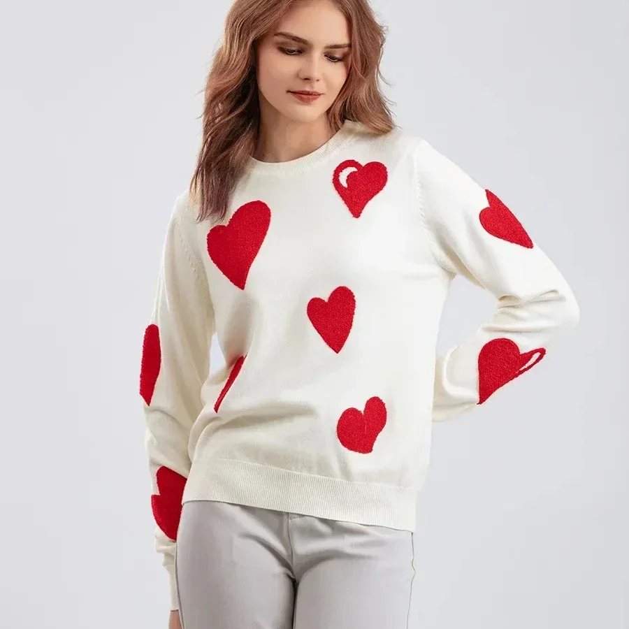 

Women's Sweaters Pullovers long sleeve Jumper Cute Love Heart Flocking Kawaii Knitwears Korea Fashion Y2k Clothes sueter mujer