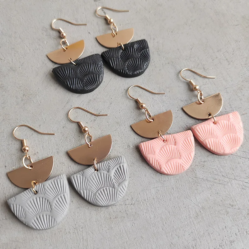 Ladies Handmade Soft Pottery Earrings Metal Semicircle Texture Geometric Modern Style Fashion Jewelry for Women Girl