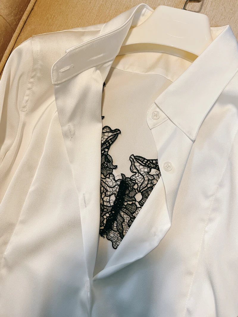 

Ele Lace Patchwork Satin High Waist Bodycon irt Commute Set Women's Faion Ensemble Autumn Season Button Closure