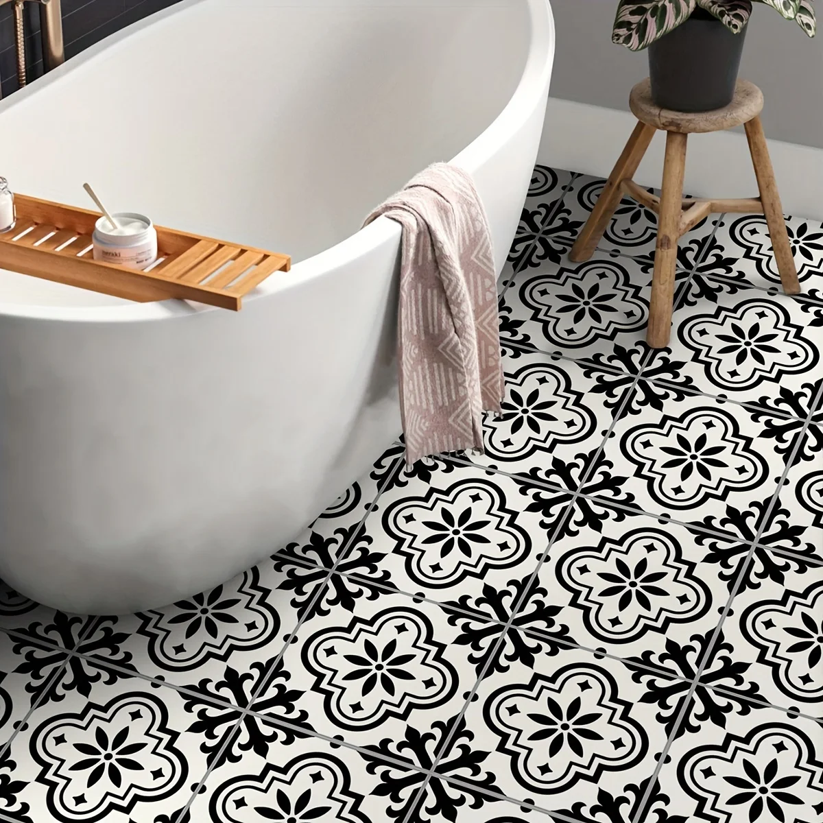 12PCS Moroccan style black and white pattern floor sticker waterproof non-slip home decoration self-adhesive tile sticker