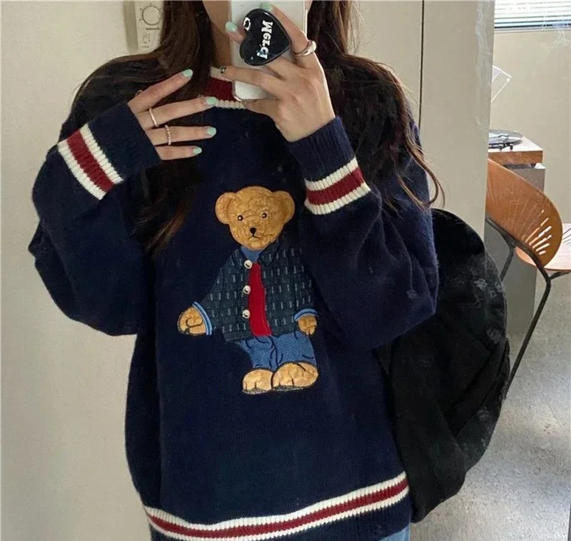 

Vintage Cartoon Bear Embroidery Knitted Sweater Women Autumn Winter Harajuku Loose Pullover Korea Warm Sweet Kawaii Jumpers