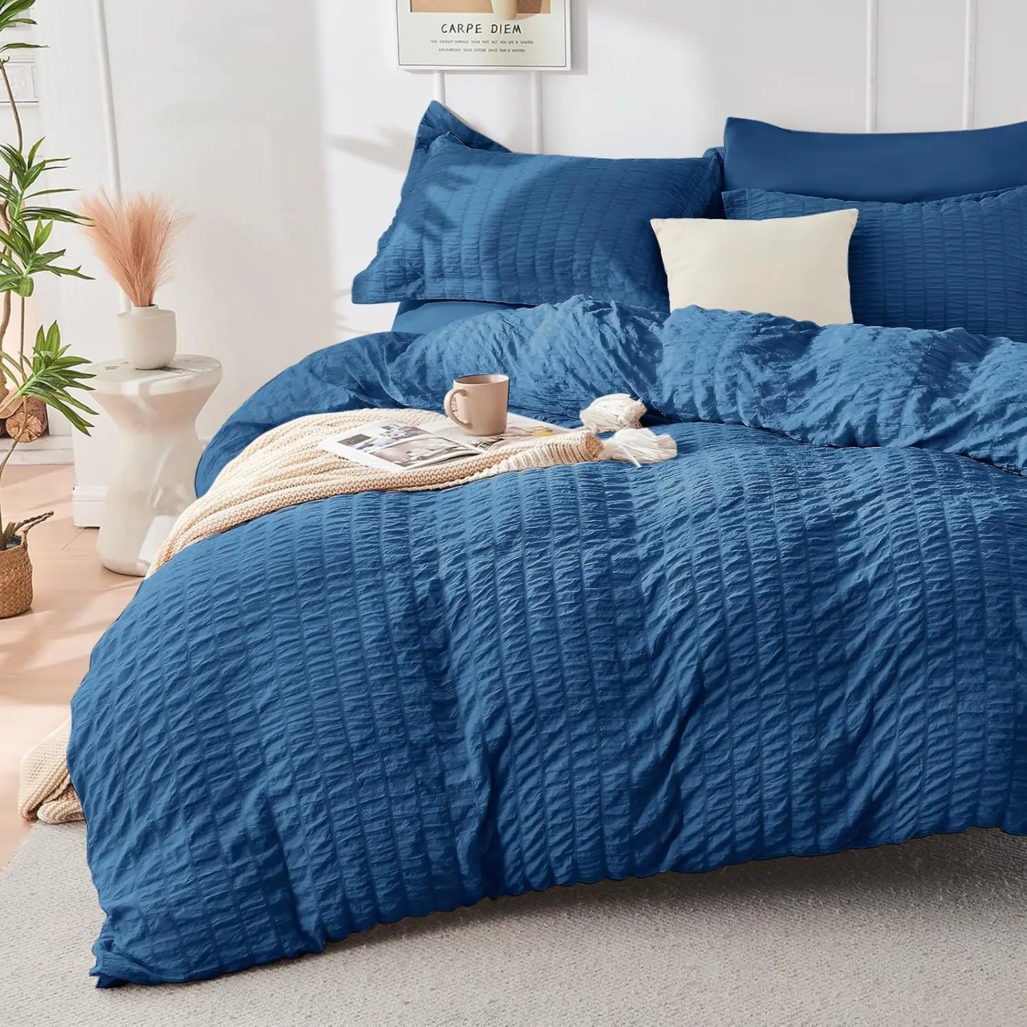 Teal Queen Comforter Set Seersucker 7 Pieces, All Season Luxury Bed in a Bag for Bedroom, Bedding Set with Comforters, Sheets