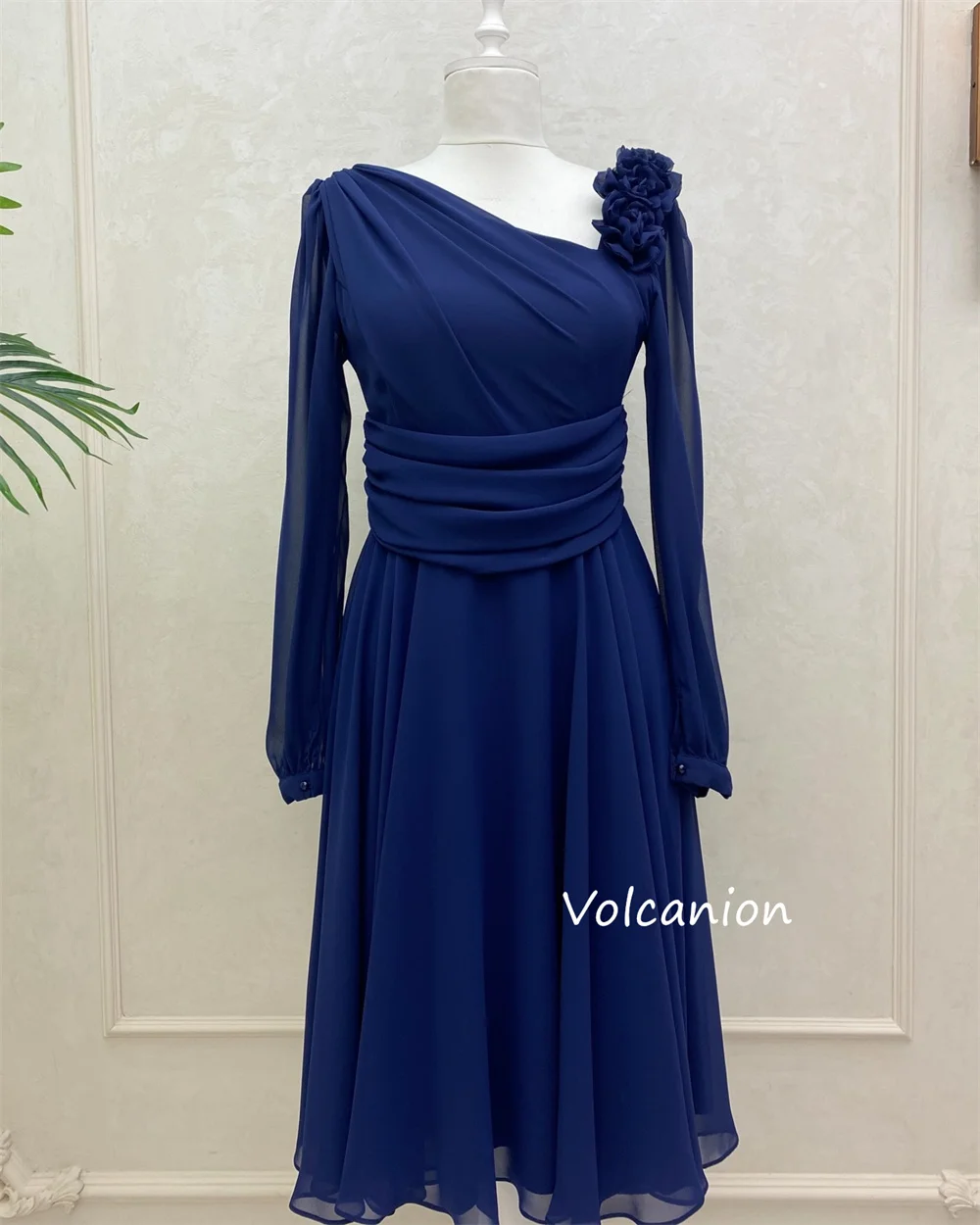 Gaun Midi A-line Bunga Buatan Tangan Terbungkus Sifon Kustom Tersedia Ukuran Kasual Sederhana Pesta Acara Dipesan Lebih Dahulu