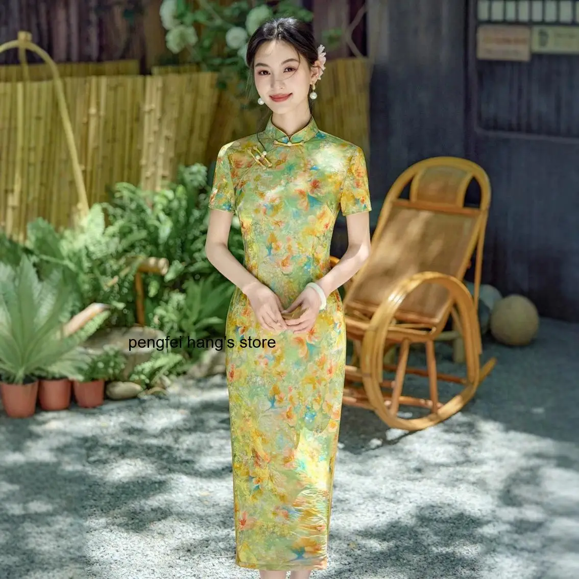 women-long-short-sleeve-cheongsam-2026-summer-shiny-brocade-low-split-qipao-with-good-luck-motif-vestidos