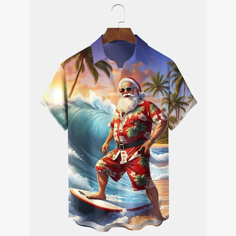 هاواي شاطئ تصفح عيد الميلاد موضوع طباعة قمصان للرجال مضحك سانتا كلوز زر التلبيب هاواي قمصان مهرجان الاتجاه القمصان