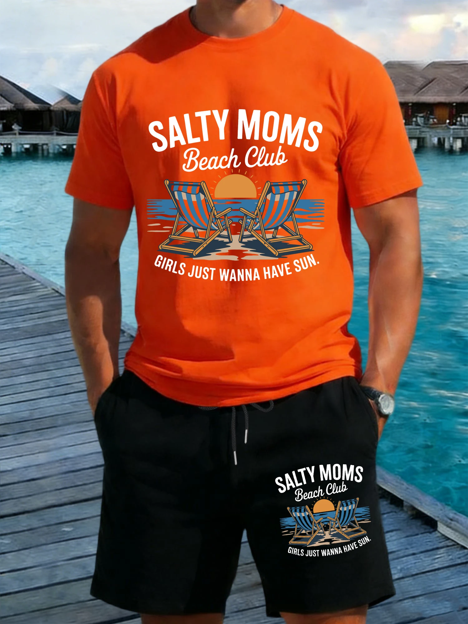 

Salty Moms Beach Club Print Men T Shirt Set Cotton Oversized T-Shirt Pocket Wide-Leg Black Pant Summer Drawstring Man Shorts