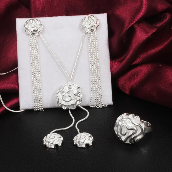 

925 Sterling Silver fine beautiful rose flower necklace earrings rings for women Jewelry set fashion Party wedding Holiday gifts