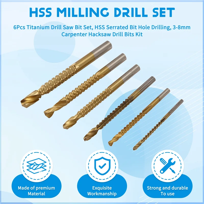 ABRB-6개 티타늄 드릴 톱날 세트, HSS 톱니형 비트 구멍 드릴링, 3-8mm 목공용 톱날 드릴 비트 키트