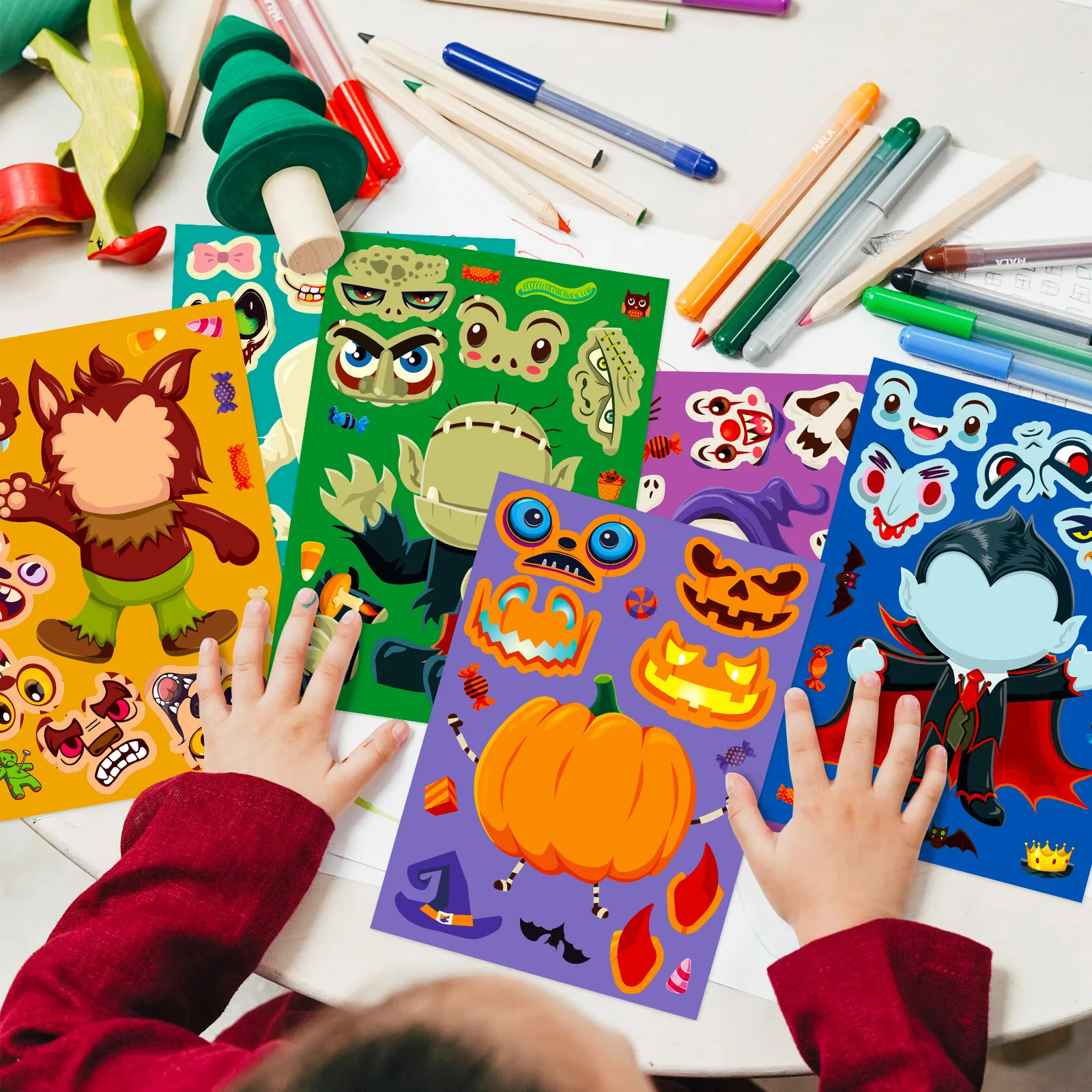 6 Sheets Halloween Make A Face Puzzle Sticker Party Favors Gift DIY Pumpkin Ghost Assemble Jigsaw Educational Game