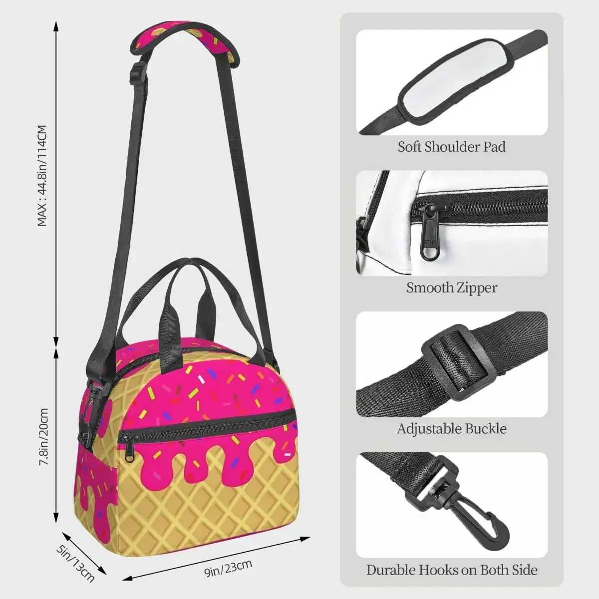 STRAWBERRY Ice Cream Waffle Cone Insulated Lunch Bag for Women Office Cooler Thermal Box Tote Portable Lunch Boxes
