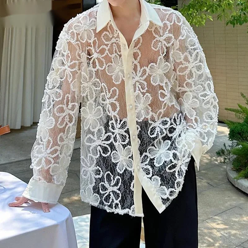 New Male Shirt Three-Dimensional Lace Flower Long-Sleeved Shirts Personality Slightly Transparent Trendy Men's Tops ZSW34