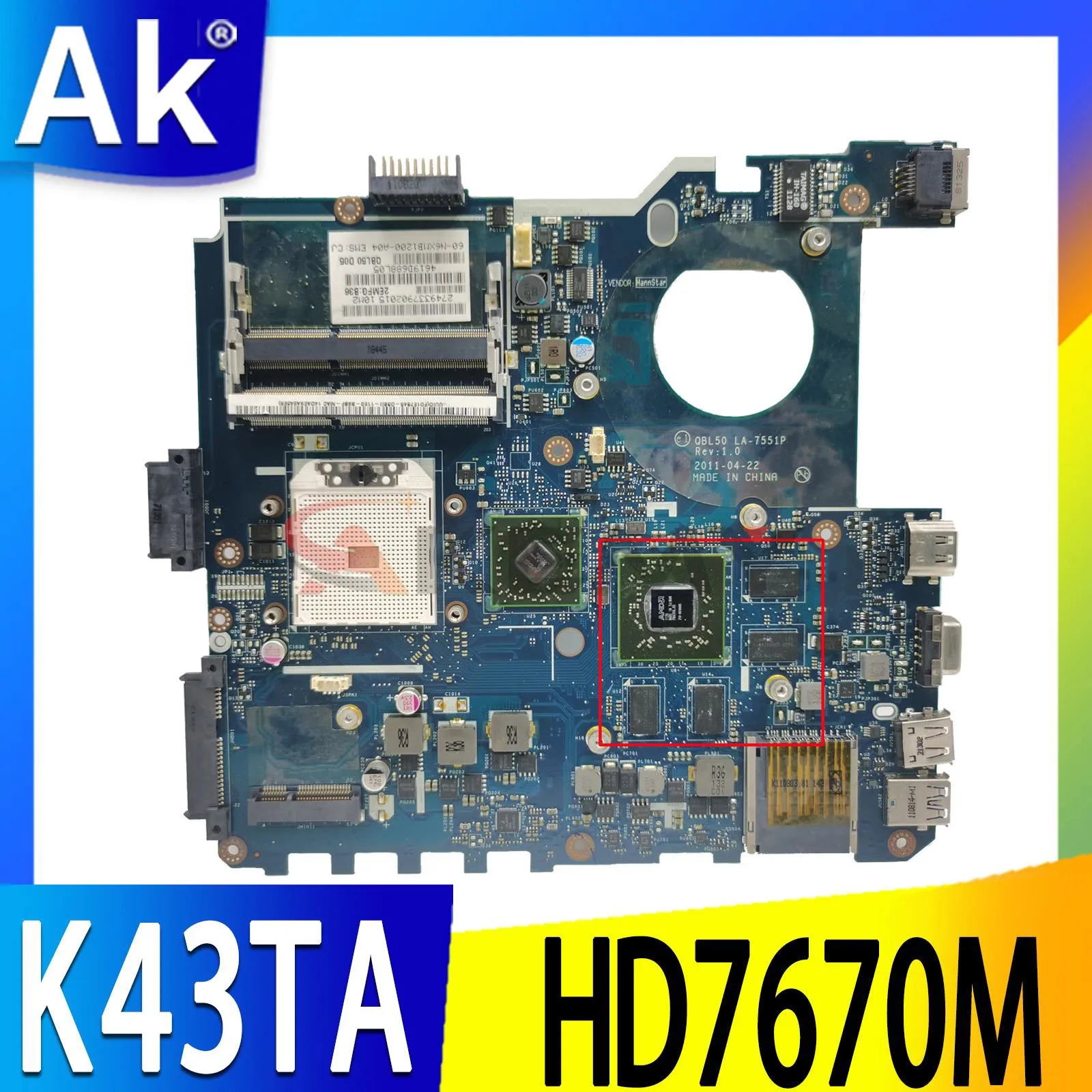 Shenzhen para ASUS K43T K43TA K43TK X43T placa base para ordenador portátil QBL50 placa base LA-7551P HD7670M 1G 100% prueba trabajo