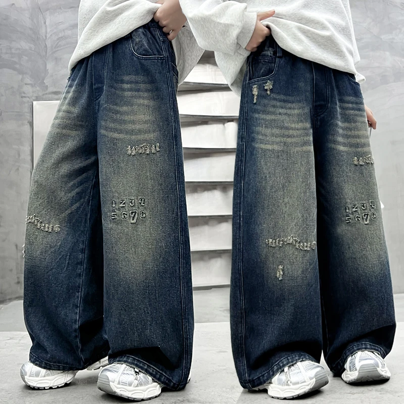 

New Stylish Retro Blue Kids Child Ripped Jeans Trousers with Letters for Tween Boys Casual Loose Straight Distressed Denim Pants