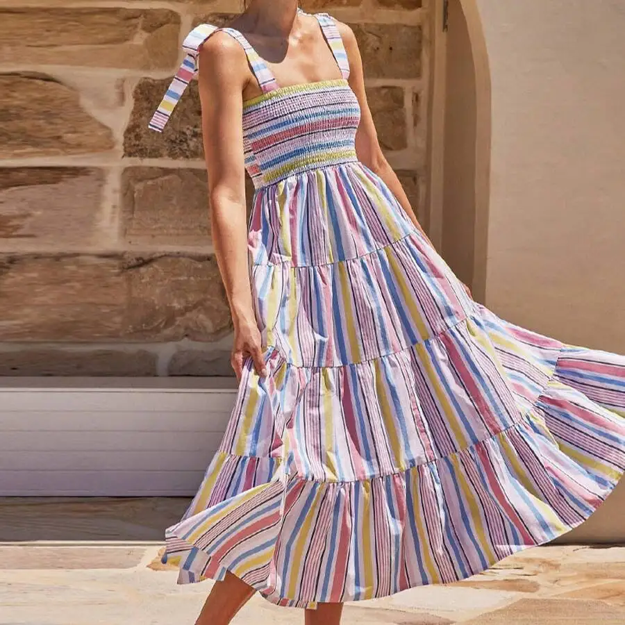 

Womens Striped Tiered Ruched Flared Dress With Tie-Neck Sleeveless Summer Casual Maxi Dress
