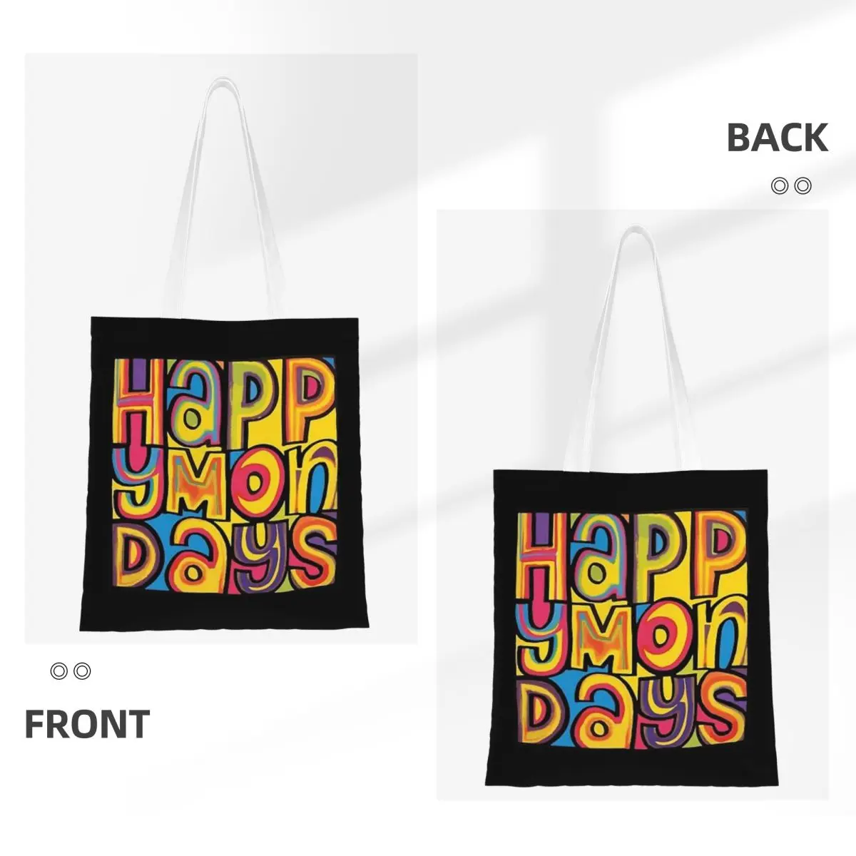 กระเป๋าช้อปปิ้ง Happy Mondays ผ้าแคนวาส กระเป๋าโท้ทแบบพับได้สำหรับเด็กผู้หญิง กระเป๋าสะพายไหล่ กระเป๋าเดินทาง