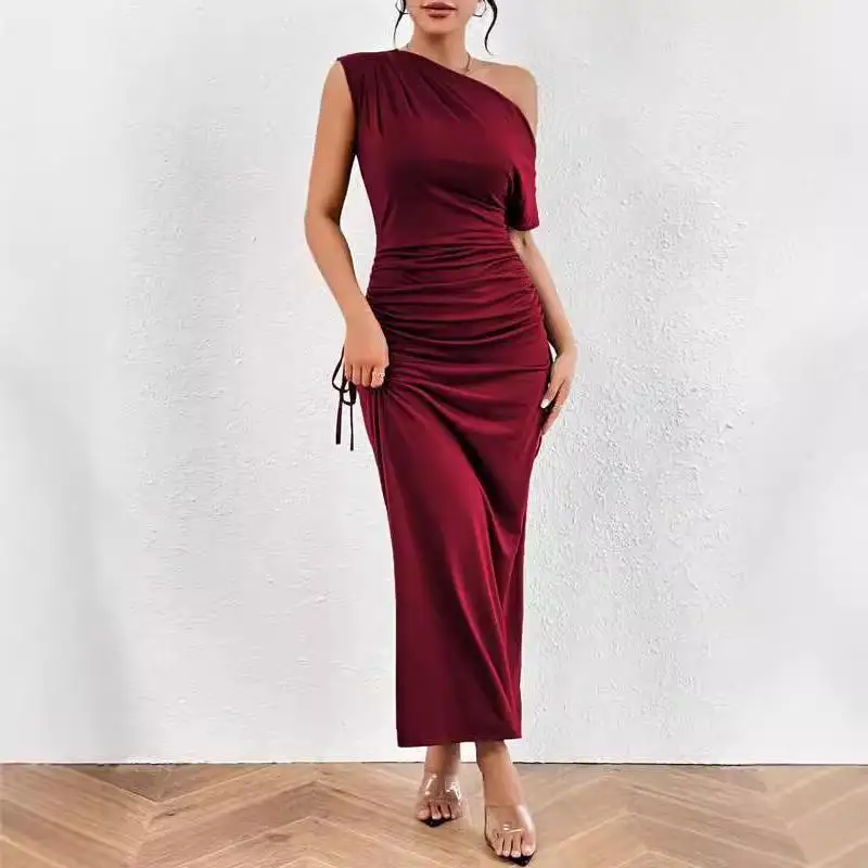 

Sexy Slant oulder One oulder Long Skirt Dr Bodycon Pleated Autumn Season China Origin No Sve Women's Faion Dr
